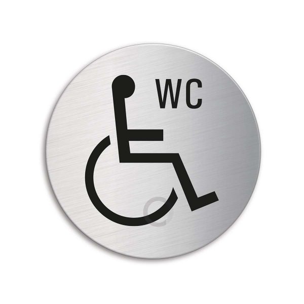 Schild WC Rollstuhl / Behinderte Ø 75 mm Türschild aus Edelstahl selbstklebend